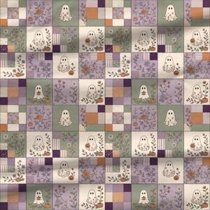 Vintage cottagecore Halloween pattern featuring cute floral ghosts, pumpkins, wildflowers and purple patchwork fabric blocks.