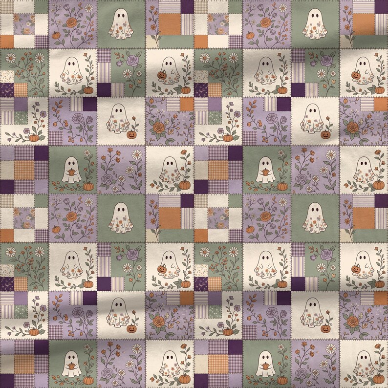 Vintage cottagecore Halloween pattern featuring cute floral ghosts, pumpkins, wildflowers and purple patchwork fabric blocks.