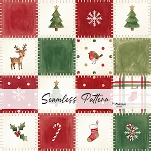 Puede incluir: Un patrón sin costuras que presenta una cuadrícula de parches cuadrados con bordes cosidos a mano. El diseño incluye ilustraciones de árboles de Navidad, copos de nieve, un ciervo, un petirrojo, acebo, bastones de caramelo y calcetines en rojo, verde y crema.
