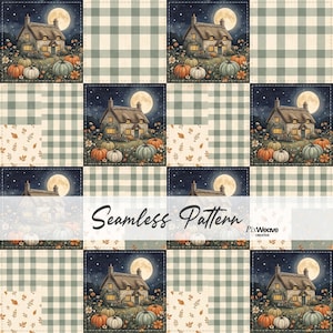 Halloween Cottagecore Patchwork Seamless Pattern, Pumpkin Farmhouse Quilt Digital Paper, Vintage Gingham Fabric Print