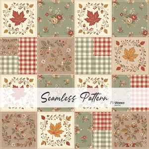 May include: A patchwork fabric design featuring a repeating grid of squares with autumn-themed illustrations including maple leaves, floral wreaths, berries, acorns, and red and green gingham checks. The text Seamless Pattern and PixWeave Creative appears.