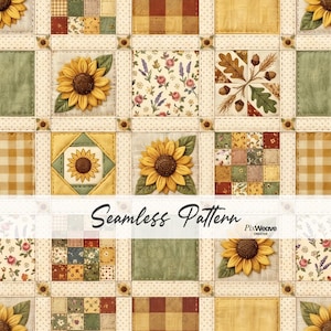Può includere: Un motivo in tessuto senza cuciture che presenta una griglia di quadrati con girasoli, stampe floreali, quadri vichy e foglie autunnali. Il design include bordi color crema con piccoli accenti floreali e il testo Seamless Pattern PixWeave Creative.