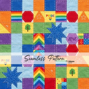 May include: A colorful patchwork design with squares, triangles, and stars in various colors, including red, orange, yellow, green, blue, and purple. The word "PRIDE" and "LOVE" are featured, along with a rainbow and the text "Seamless Pattern".