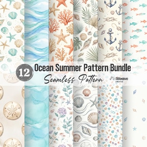 Può includere: Una collezione di 12 motivi senza cuciture a tema oceano. I disegni includono onde ad acquerello, stelle marine, coralli, conchiglie, ancore e pesci. I motivi sono nei toni del blu, beige e corallo, con il testo "Ocean Summer Pattern Bundle" e "Seamless Pattern".