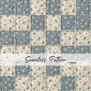 May include: A seamless pattern featuring a patchwork design with alternating squares of light blue floral fabric and off-white floral fabric. The squares are stitched together with visible thread. The text "Seamless Pattern" is displayed across the bottom.