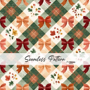 May include: A seamless pattern featuring a diamond grid of green and tan plaid squares alternating with white squares containing watercolour illustrations of bows, autumn leaves, and berries. The text Seamless Pattern and PixWeave Creative appears.