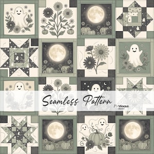 Puede incluir: Un patrón de tela sin costuras que presenta una cuadrícula de bloques cuadrados en tonos verde salvia, crema y gris carbón. El diseño incluye ilustraciones de fantasmas, lunas llenas, calabazas y flores, con el texto Seamless Pattern PixWeave.
