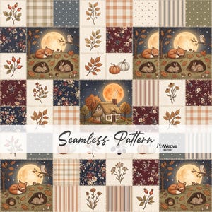 May include: A seamless pattern featuring a patchwork quilt design with squares of autumn-themed illustrations including sleeping foxes, rabbits in burrows, owls, pumpkins, floral prints, and a cottage under a full moon, with the text Seamless Pattern.
