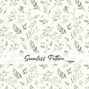 May include: A seamless pattern featuring watercolor illustrations of delicate white flowers and green leaves on a cream background. The design includes the text "Seamless Pattern".