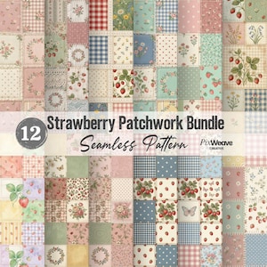 Puede incluir: Un conjunto de 12 patrones de patchwork sin costuras con temática de fresas. Los diseños presentan patrones florales, de cuadros y de lunares en colores pastel. El texto dice "Strawberry Patchwork Bundle Seamless Pattern".