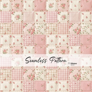 May include: A seamless pattern with a patchwork design. Squares in pink, cream, and beige feature floral and gingham patterns. The text "Seamless Pattern" is displayed across the image.