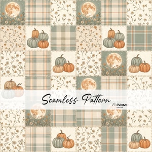 May include: A seamless pattern featuring a grid of squares with illustrations of pumpkins, full moons over fields of flowers, and sage green and cream plaid designs. The text Seamless Pattern and PixWeave Creative is overlaid in the center.