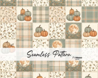 Autumn Moon Pumpkin Patchwork Seamless Pattern, Cottagecore Fall Digital Paper, Farmhouse Fabric, Vintage Plaid Quilt Print