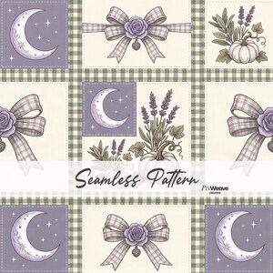 Lavender Halloween Patchwork Seamless Pattern, Coquette Bow Pumpkin Quilt Fabric, Purple Cottagecore Digital Paper