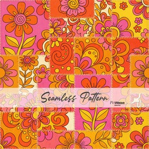 May include: A seamless pattern with a patchwork design, showcasing colourful floral motifs. The flowers are in shades of orange, pink, and yellow, set against a cream background. The text "Seamless Pattern" is displayed across the image.