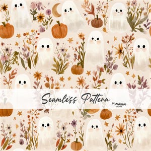 Boho Ghost Seamless Pattern, Cute Halloween Fabric, Cottagecore Ghost Floral Print, Whimsical Fall Niche Digital Paper