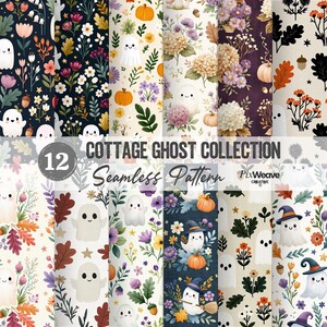 Könnte beinhalten: Eine digitale Sammlung von 12 nahtlosen Mustern mit weißen Geistern, Kürbissen, Herbstblättern, Eicheln und verschiedenen floralen Elementen. Die Designs enthalten den Text COTTAGE GHOST COLLECTION und Seamless Pattern.