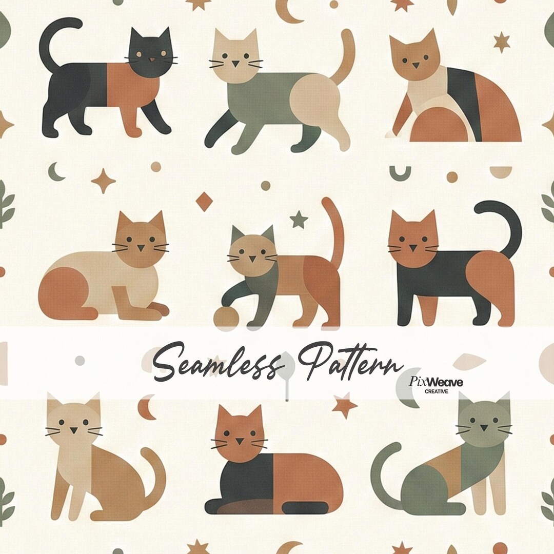 Mid Century Modern Cat Seamless Pattern, Retro Geometric Kitty Digital ...