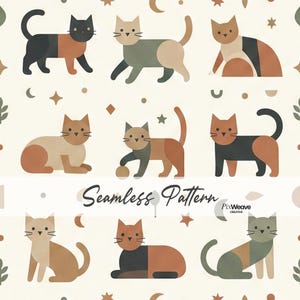 Mid Century Modern Cat Seamless Pattern, Retro Geometric Kitty Digital Paper for Nursery Decor Fabric, Scandinavian Boho Surface Design