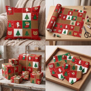 Christmas kitty fabric pattern with cats in stockings, Christmas trees, holiday ornaments, and red green brown quilt-style panels