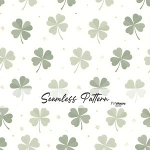 May include: A seamless pattern featuring light green four-leaf clovers and small star shapes on a white background. The text "Seamless Pattern" is displayed in black cursive font.