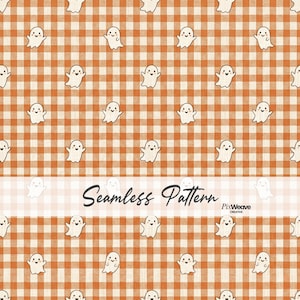 Cute Ghost Gingham Seamless Pattern, Halloween Digital Paper, Orange Buffalo Check Fabric, Cottagecore Spooky Cute Print