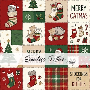 May include: A seamless pattern featuring illustrations of cats in Christmas stockings, Christmas trees, snowflakes, and gifts. The text reads Merry Catmas and Stockings for Kitties. The color palette includes red, green, cream, and brown tones.