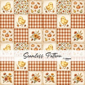 Könnte beinhalten: Ein nahtloses Muster mit einem Raster aus Quadraten, das abwechselnd gelbe Küken, orangefarbene Kürbisse, Herbstblätter, Eicheln und Blumenarrangements zeigt, durchsetzt mit einem braun-weißen Vichy-Karo, mit dem Text Seamless Pattern.