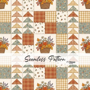 Puede incluir: Un patrón sin costuras con un diseño de colcha de retazos con cuadrados de ilustraciones de temática otoñal. El estampado incluye cestas de hojas de otoño, bellotas, cuadros, vichy y motivos florales en tonos naranja, marrón y verde salvia.