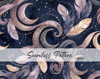 Celestial Moon Seamless Pattern, Navy Boho Nursery Fabric, Gold Starry Night Feather Print, Baby Dreamy Sky Digital Paper