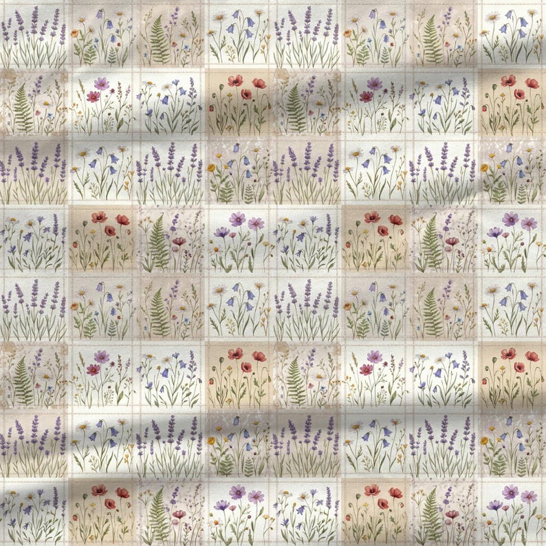 Cottagecore floral quilt pattern with watercolor meadow flowers in seamless repeating blocks