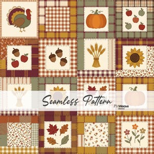 Könnte beinhalten: Ein nahtloses Muster im Patchwork-Stil mit quadratischen Blöcken, die herbstliche Illustrationen wie einen Truthahn, Kürbis, Äpfel, Eicheln, Weizen, Sonnenblumen und Herbstblätter zeigen, durchsetzt mit karierten und floralen Stofftexturen.