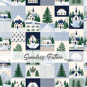 May include: A seamless pattern featuring a winter landscape with houses, churches, and evergreen trees set against snowy backgrounds. The design includes blue and white gingham checks, falling snowflakes, and the text Seamless Pattern PixWeave.