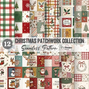 Könnte beinhalten: Eine digitale Sammlung von 12 nahtlosen Weihnachts-Patchwork-Mustern mit festlichen Illustrationen von Weihnachtsmann, Rentieren, Lebkuchenmännern, Schneemännern, Tannenbäumen, Strümpfen und Geschenken in einer Farbpalette aus Rot, Grün und Weiß.