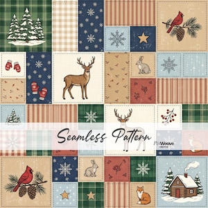 Op de afbeelding: Een digitaal stofontwerp in patchworkstijl met een herhalend raster van winterse illustraties, waaronder herten, konijnen, vossen, kardinalen, dennenbomen, sneeuwvlokken, sterren, wanten en een blokhut met de tekst Seamless Pattern PixWeave.
