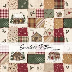 Peut inclure: Un motif sans couture présentant un design de courtepointe en patchwork avec des carrés d'illustrations sur le thème des fêtes, incluant des chalets, des bonhommes de neige, des sapins, du houx, des flocons et des tissus à carreaux rouge, vert, beige et marron.