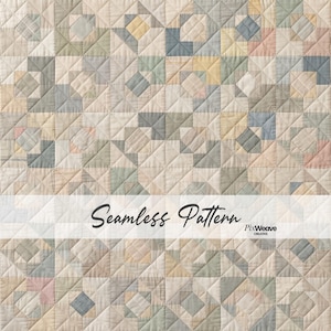 Könnte beinhalten: Ein Steppdecke mit einem geometrischen Patchwork-Design in gedeckten Pastelltönen wie Blau, Gelb, Grün und Rosa. Der Stoff ist mit einem Gittermuster abgesteppt. Ein weißes horizontales Band in der Mitte zeigt den Text Seamless Pattern PixWeave CREATIVE.
