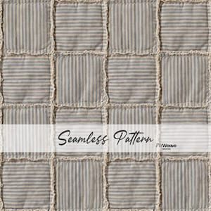 May include: A seamless pattern featuring a patchwork design with alternating squares. Each square has vertical stripes in blue and beige, with a textured, frayed edge. The text "Seamless Pattern" is displayed across the image.