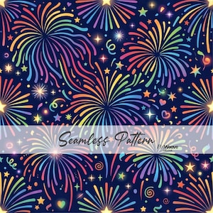 Puede incluir: Patrón sin costuras con fuegos artificiales multicolores sobre un fondo azul oscuro. El diseño incluye estrellas, corazones y espirales en un arcoíris vibrante. El texto "Seamless Pattern" se muestra.