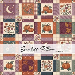 Puede incluir: Un patrón sin costuras con un diseño de patchwork con cuadrados de calabazas, ramos de flores, hojas de otoño y lunas crecientes en tonos naranja, morado, verde y crema. El texto Seamless Pattern y PixWeave Creative es visible.