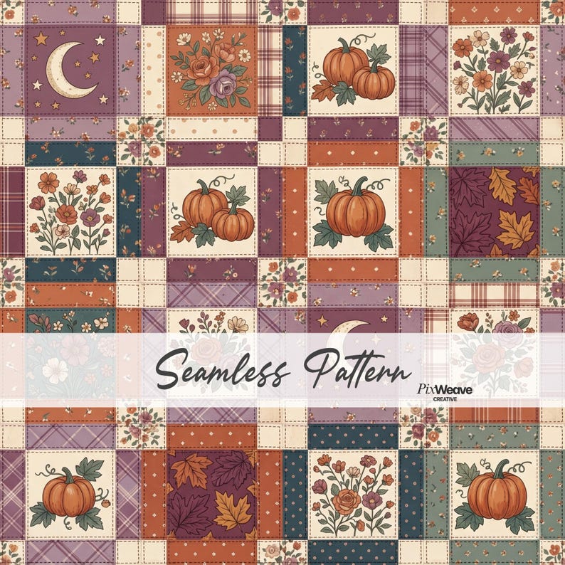 Vintage autumn patchwork seamless pattern with pumpkins floral blocks moon motifs and plaid textures