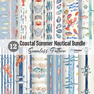 Könnte beinhalten: Eine Sammlung von 12 nahtlosen Mustern mit einem maritimen Sommerthema. Designs umfassen Hummer, Fische, Krabben, Fischernetze und Muscheln in Blau-, Rot- und Beigetönen. Der Text "Coastal Summer Nautical Bundle" ist zu sehen.