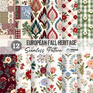 Könnte beinhalten: Eine Sammlung von 12 nahtlosen digitalen Mustern mit dem Titel EUROPEAN FALL HERITAGE von PixWeave Creative. Die Designs zeigen verschiedene florale Motive, Damastdrucke, Karomuster und botanische Illustrationen in Rot, Grün, Blau und Creme.