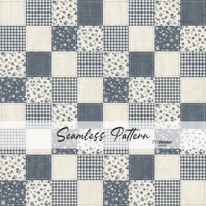 Può includere: Un motivo senza cuciture con un design patchwork. I quadrati presentano tessuti a quadretti, floreali e blu unito, con quadrati bianco sporco simili al lino. Le parole "Seamless Pattern" sono visualizzate sull'immagine. Adatto ai tessuti.