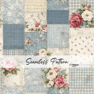 May include: A seamless pattern design with a patchwork effect, showcasing squares with diverse patterns and colours. The design incorporates floral prints with red and white roses, blue gingham, and small floral patterns. The text "Seamless Pattern" is visible.