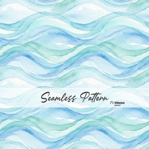 May include: Watercolor seamless pattern with flowing waves in shades of blue and green. The image features a repeating design of stylized water currents. The text "Seamless Pattern" is displayed in a cursive font.