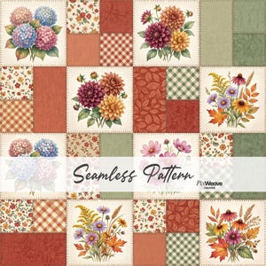 Könnte beinhalten: Ein nahtloses Patchwork-Muster mit Quadraten aus Blumensträußen, Vichy-Karos und einfarbigen Texturen in Herbstfarben wie Rost, Salbeigrün und Creme. Das Design enthält den Text Seamless Pattern und PixWeave Creative.
