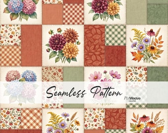 Patrón sin costuras de patchwork floral otoñal, papel digital para tela de patchwork estilo cottagecore, estampado vintage de flores silvestres otoñales de estilo rústico.