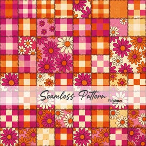 Può includere: Un motivo senza cuciture con un design patchwork. Presenta quadrati di motivo a quadri rosa, arancioni e crema e motivi floreali. I fiori sono in tonalità di rosa, arancione e bianco. Il testo "Seamless Pattern" è in basso.