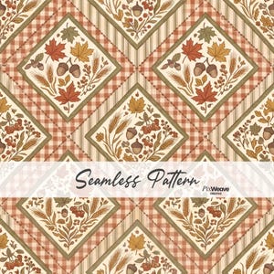 Peut inclure: Un motif répétitif composé de cadres en losange contenant des illustrations de feuilles d'automne, de glands, d'épis de blé et de baies. Le fond présente un motif à carreaux vichy marron et blanc. Le texte Seamless Pattern PixWeave Creative est visible.